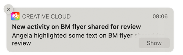 Screenshot of a Creative Cloud notification saying 'New activity on BM flyer shared for review' 