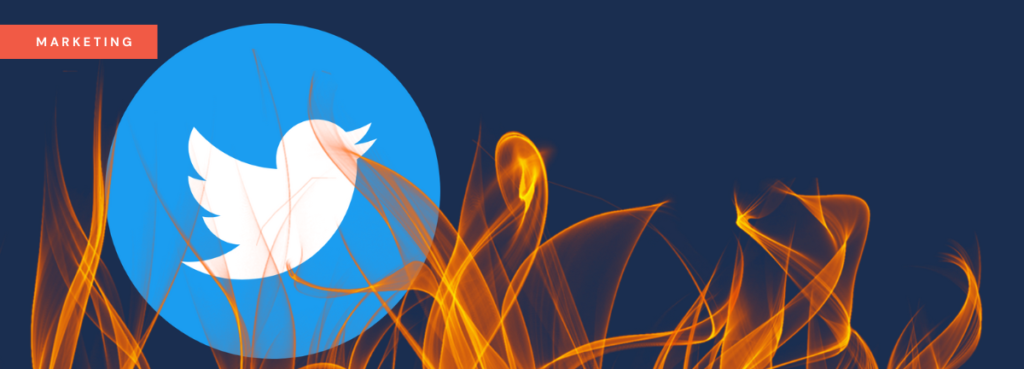 A dark blue background featuring the Twitter icon in a blue circle. Red and orange flames appear from the bottom of the image, surrounding the Twitter icon