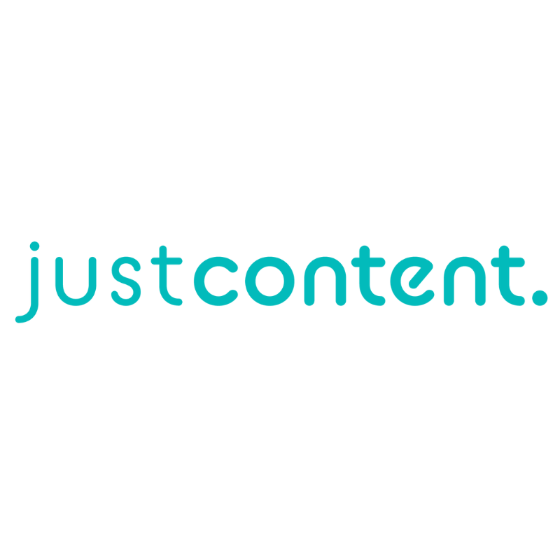 A turquoise blue text logo with friendly round text, all in lower case, reading Just Content.