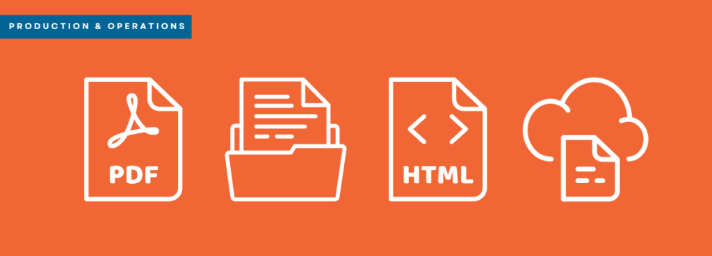 A bright orange graphic displaying white line icons for various file formats, including PDF, HTML and online documents