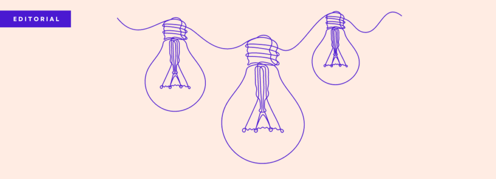 Bright blue line drawing of three light bulbs hanging from a wire against a pale peach background. In the top left in a bright blue box is the word "Editorial"