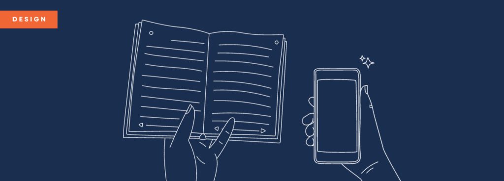 A dark blue background with white line illustrations of a left hand holding open a book and a right hand holding a smartphone. In the top left, a bright orange box reads "Design" in white text