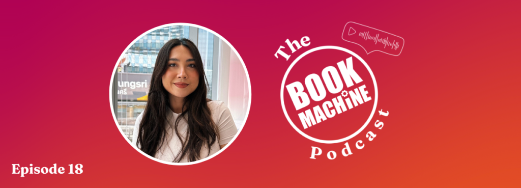 Pink and orange gradient background with a circular framed headshot of Anissa de Gomery. Next to this is The BookMachine Podcast logo. In the bottom left corner of the image, white text reads: "Episode 18"