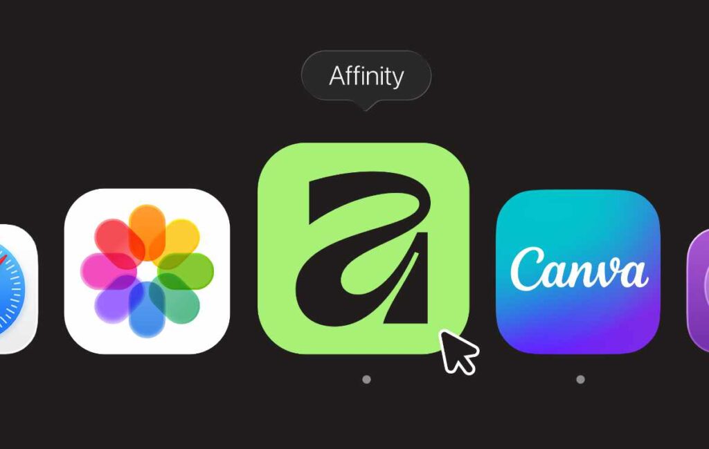 The newly released Affnity app icon is shown in the macOS Dock