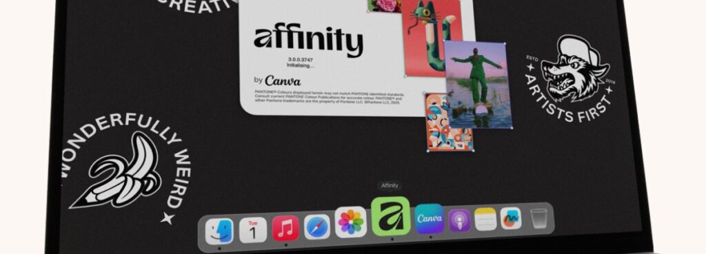 A laptop shows the splash screen of the new Affinity app on a desktop with stickers claiming “Artists First”, “Wonderfully Weird” and “For Creatives, by Creatives”
